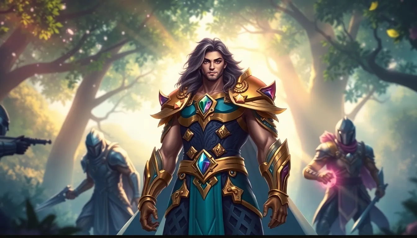 Taric from League of Legends in an enchanting landscape, portraying beauty and strength.