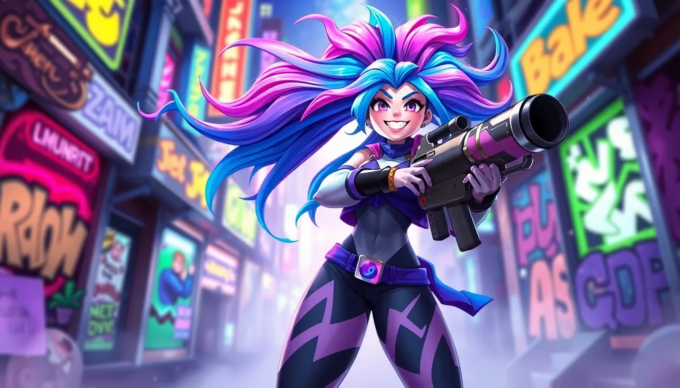 Jinx from League of Legends in a vibrant urban setting.