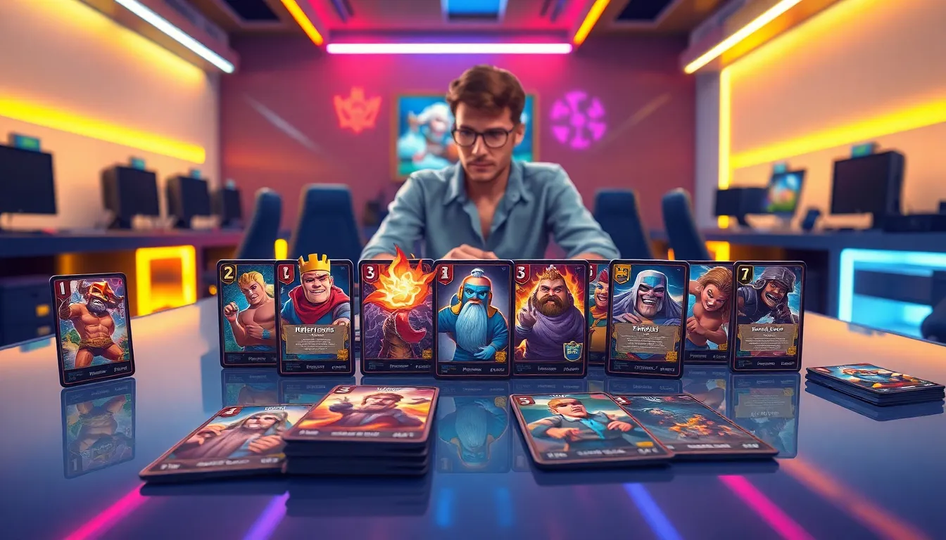 A player analyzing diverse Clash Royale cards on a modern gaming table.