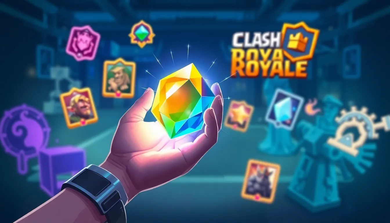 glowing wild shard surrounded by Clash Royale cards in a vibrant design.