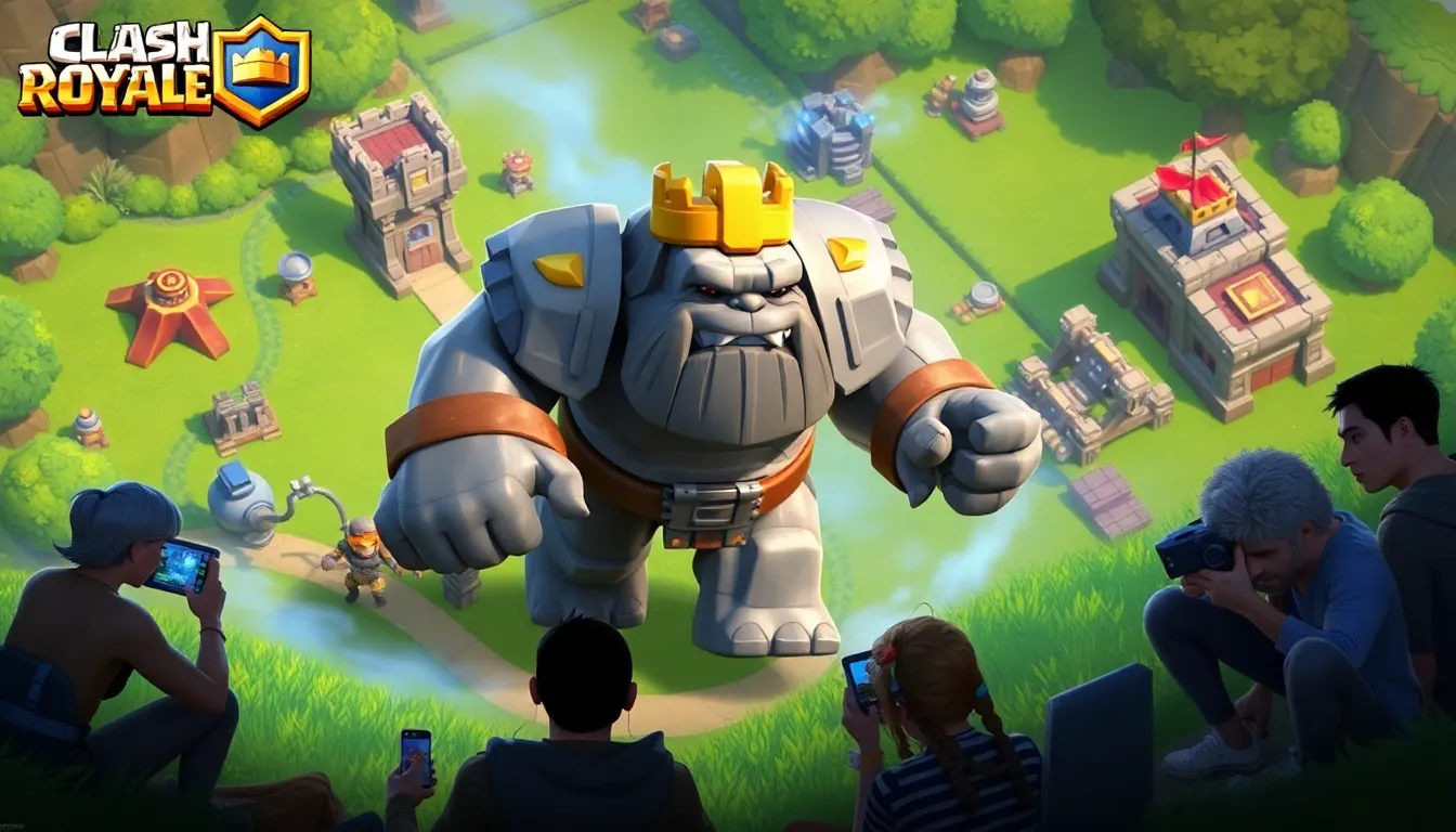 Golem character leading a battle in a vibrant Clash Royale scene.