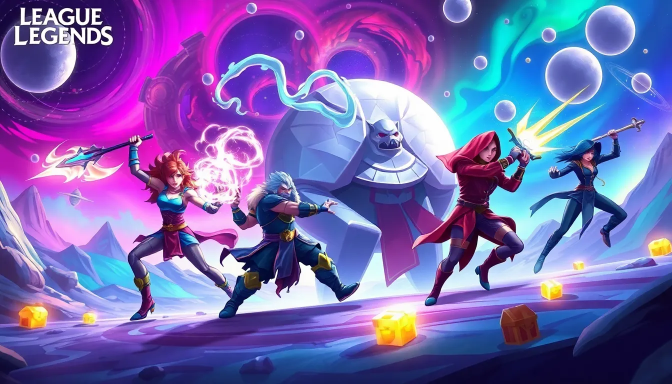 diverse champions battling a mini-boss in a cosmic setting.