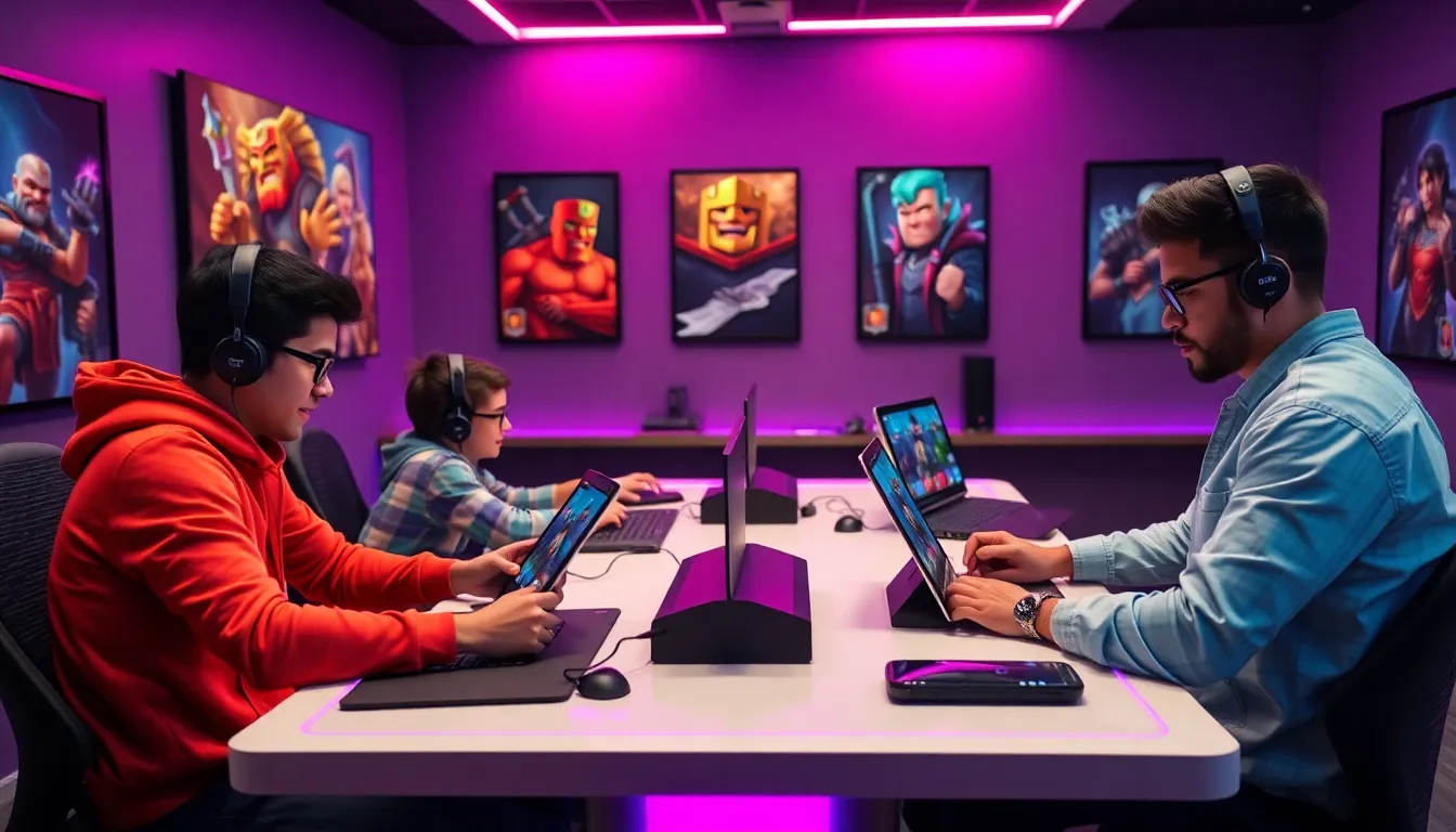 diverse group of gamers focused on Clash Royale in a modern setup.
