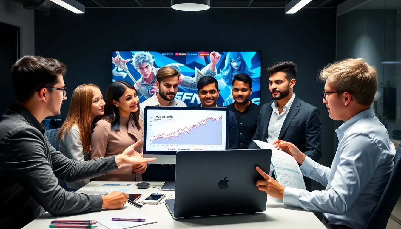 diverse gamers discussing League of Legends account selling in a modern office.