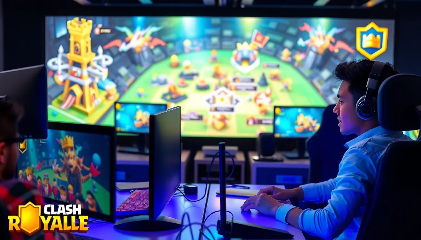 two players battling in Clash Royale at modern gaming desks.