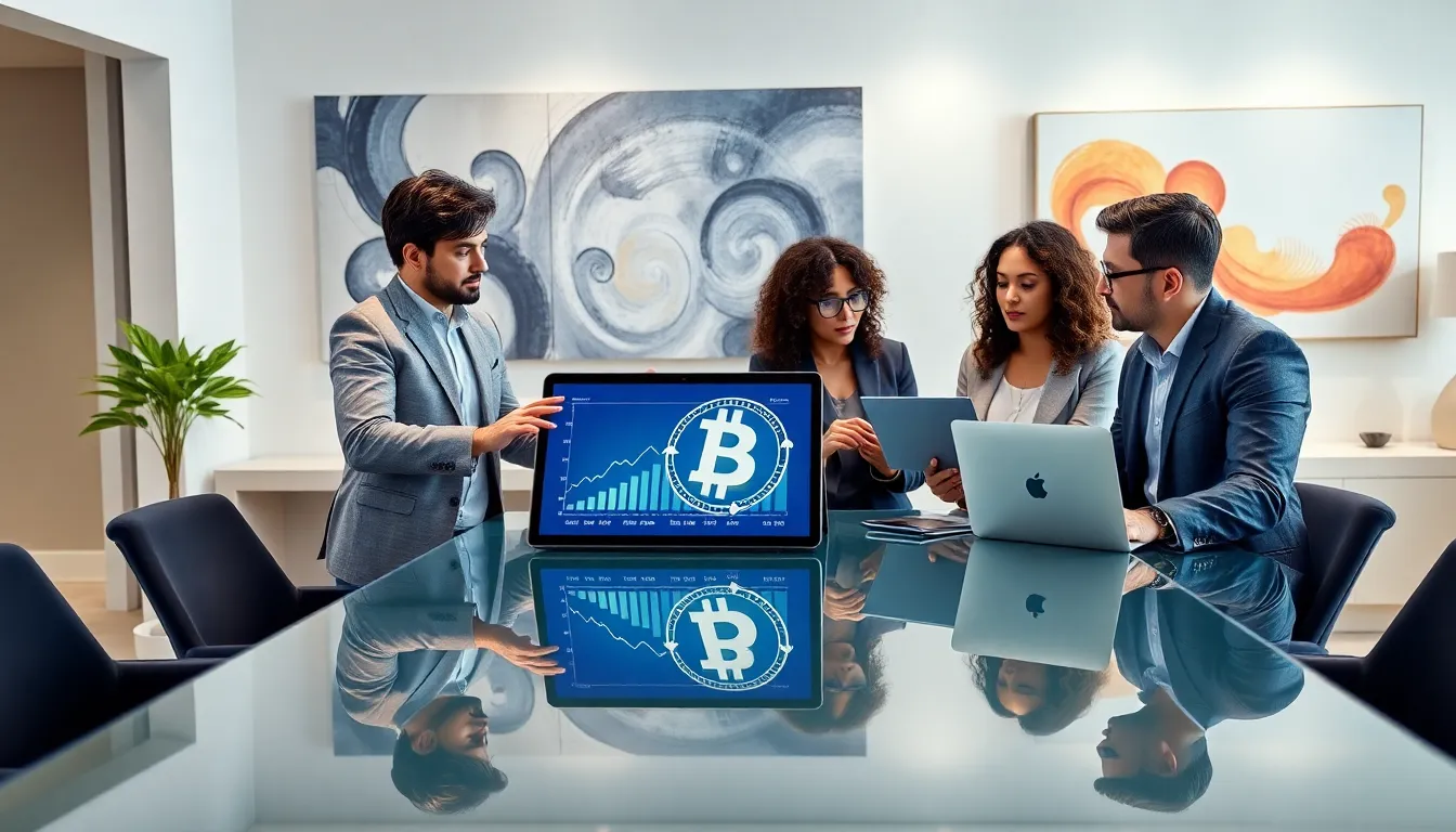 professionals discussing Bitclassic Coin in a modern office setting.