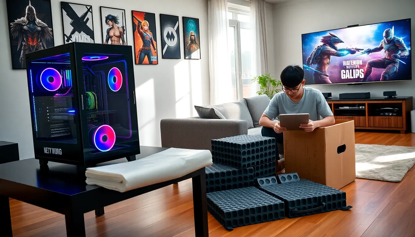 A gamer preparing a high-end gaming PC for transport in a cozy living room.