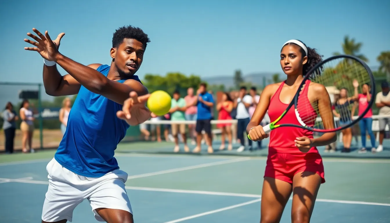 two young tennis players on a vibrant court in the United States.