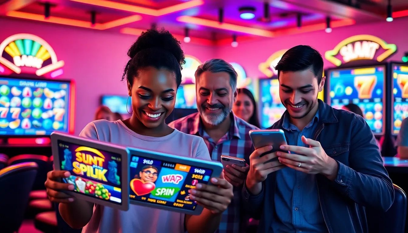 diverse group of players engaged in gamified online slot games at a vibrant gaming space.