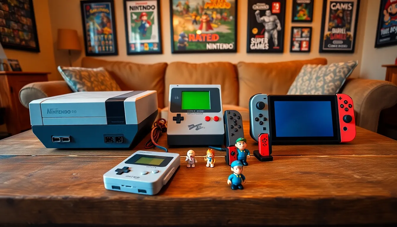 various Nintendo gadgets displayed on a coffee table in a cozy living room.