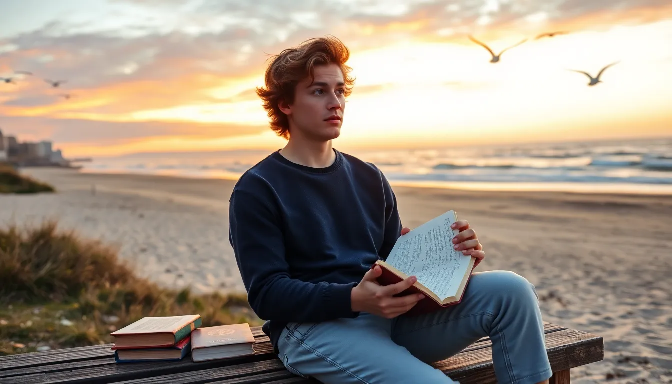 a young author writing on a beach at sunset.